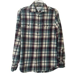 Sonoma Casual Button Down Shirt Red White and Blue Flannel Plaid Men size Small